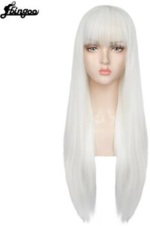 【Ebingoo】 Haar Cap + Witte Hoge Temperatuur Fiber Natuurlijke Rechte Lange Wit Grijs Bruin Roze Synthetische Pruik Met Pony Voor vrouwen DM1707545