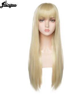 【Ebingoo】 Haar Cap + Witte Hoge Temperatuur Fiber Natuurlijke Rechte Lange Wit Grijs Bruin Roze Synthetische Pruik Met Pony Voor vrouwen DM1707546