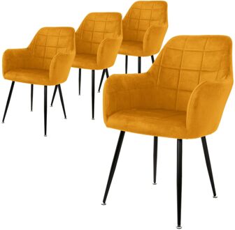 ECD Germany set van 4 eetkamerstoelen met rugleuning en armleuningen, oker, keukenstoelen met fluwelen bekleding en Geel