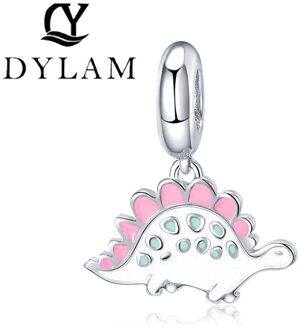Echt 100% 925 Sterling Zilver Schattige Kleine Dinosaurus Roze Enamel Charm Bead Voor Armband Ketting Meisje Partij Sieraden