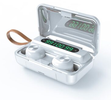Echte Draadloze Bluetooth 5.0 Headsets Draagbare Waterdichte Led Display Touch Control 9D Stereo Oortelefoon Sport Oordopjes Voor Telefoon wit met Lanyard