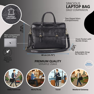 Echte leren laptoptas in zwart, met schoudertas van Satchel Messenger - Belmont - One Size