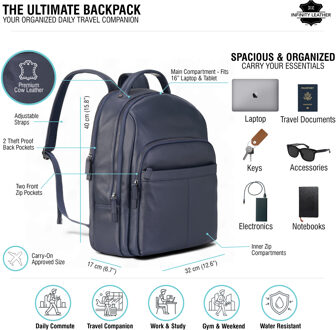 Echte leren marineblauwe vintage rugzak, laptoptas, reistas - Capri