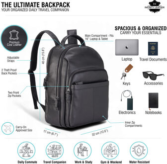 Echte leren zwarte vintage rugzak, laptoptas, reistas - Capri - One Size