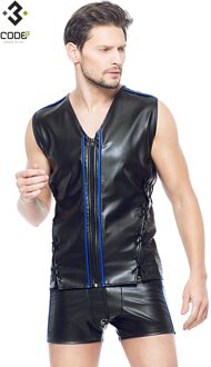 Eco-leder mouwloos shirt met blauw (XS-S-M-XL- 2XL) - Size: XS