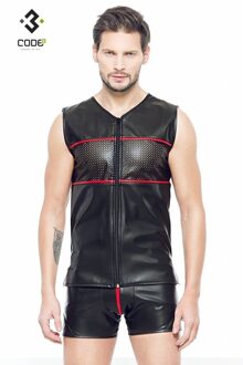 Eco-leder mouwloos shirt met rode bies (XS-S-M-4XL) - Size: XS