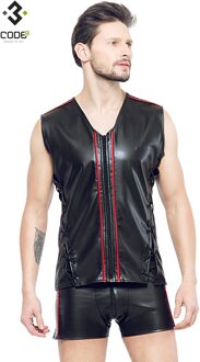 Eco-leder mouwloos shirt met rood (XS-S-2XL-3XL) - Size: XS