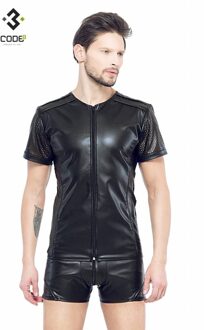 Eco-leder shirt met Mesh mouwen zwart (XS-S-M-3XL - Size: XS