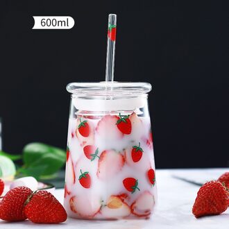 Eco Vriendelijke Water Fles Met Stro Servies Glas Aardbei Grote Capaciteit Hittebestendig Cup Met Deksel Glassbottle Drinkware