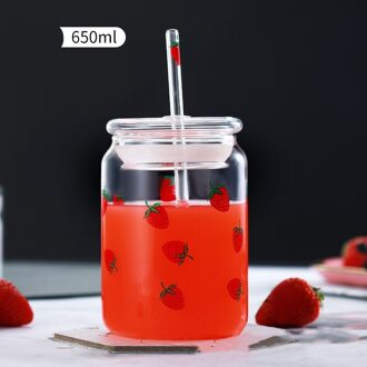 Eco Vriendelijke Water Fles Met Stro Servies Glas Aardbei Grote Capaciteit Hittebestendig Cup Met Deksel Glassbottle Drinkware