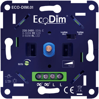 EcoDim LED Dimmer - ECO-DIM.01 - Fase Aan- en Afsnijding RLC - Inbouw - Enkel Knop - 0-300W