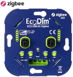 EcoDim Smart Duo LED dimmer Zigbee Inbouw - 2x 0-100 Watt - Geschikt voor fase afsnijding - Min./Max. Instelbaar - ECO-DIM.05 Zigbee Blauw/groen