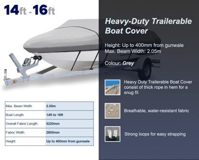 Economie 12ft-22ft Trailerable Boot-Cover Marine-Grade Zware Oceansouth Water Zon Proof Uv-bescherming Ski-boot Afmeren Cover 14ft - 16ft grijs