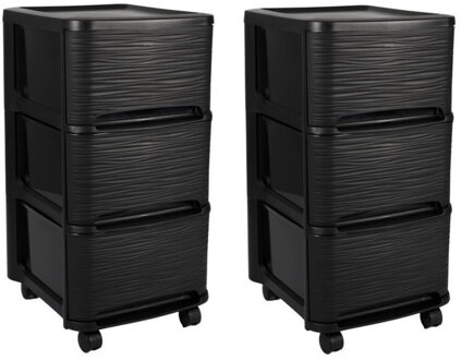 Eda 2x stuks ladenkast organizers zwart 3x lades met wieltjes L32 x B37 x H61 cm
