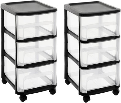 Eda 2x stuks ladenkast organizers zwart A4 3x lades met wieltjes L32 x B37 x H61 cm
