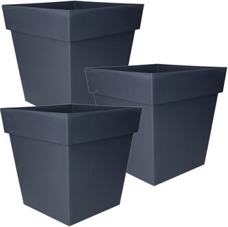 Eda Bloempot Toscane vierkant - 3x stuks - kunststof - antraciet grijs - L32 x B32 x H32 cm - 22L