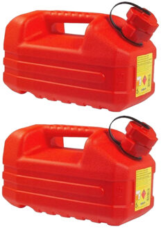 Eda Kunststof jerrycan - 2x stuks - rood - L36 x B18 x H18 cm - 5 liter - geschikt voor brandstoffen
