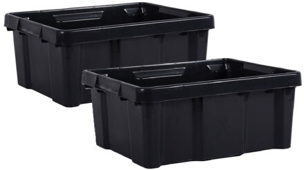 Eda opbergbox/opbergkrat 20 L - 2x - zwart - kunststof - L43 x B34 x H17 cm - stapelbaar/nestbaar