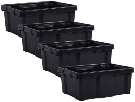 Eda opbergbox/opbergkrat 20 L - 4x - zwart - kunststof - L43 x B34 x H17 cm - stapelbaar/nestbaar
