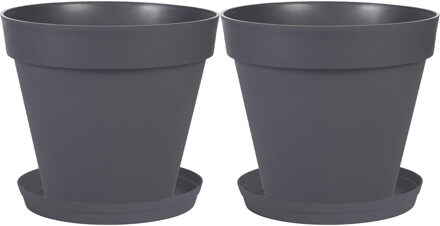 Eda Set van 2x stuks bloempotten Toscane kunststof antraciet D30 x H26 cm inclusief onderschalen D23 cm - Plantenpotten Grijs