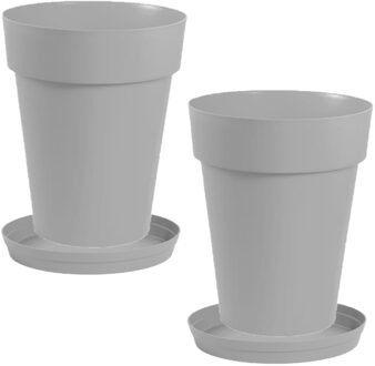 Eda Set van 2x stuks bloempotten Toscane kunststof grijs D44 x H53 cm inclusief onderschalen D35 cm
