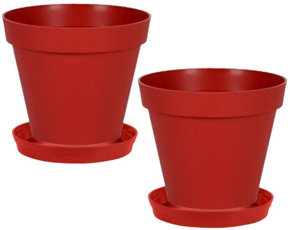 Eda Set van 2x stuks bloempotten Toscane kunststof rood D20 x H17 cm inclusief onderschalen D15 cm - Plantenpotten