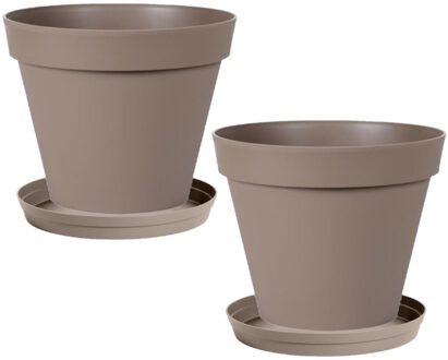 Eda Set van 2x stuks bloempotten Toscane kunststof taupe D20 x H17 cm inclusief onderschalen D15 cm - Plantenpotten