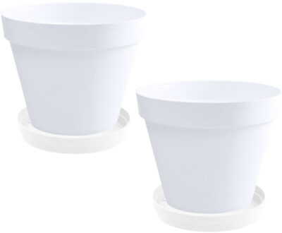 Eda Set van 2x stuks bloempotten Toscane kunststof wit D30 x H26 cm inclusief onderschalen D23 cm