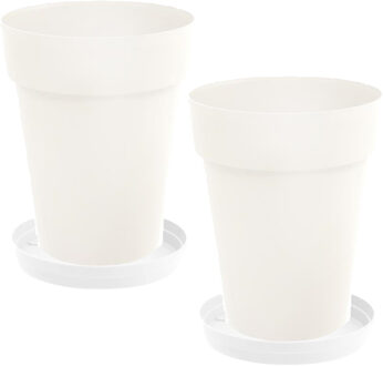 Eda Set van 2x stuks bloempotten Toscane kunststof wit D44 x H53 cm inclusief onderschalen D35 cm