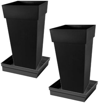 Eda Set van 2x stuks bloempotten Toscane vierkant kunststof antraciet 43 x 43 x 80 cm inclusief ondersch