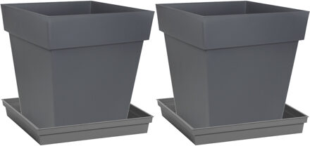 Eda Set van 2x stuks bloempotten Toscane vierkant kunststof antraciet grijs 32 x 32 x 32 cm inclusief on