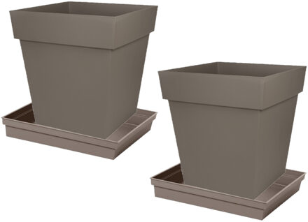 Eda Set van 2x stuks bloempotten Toscane vierkant kunststof taupe 32 x 32 x 32 cm inclusief onderschalen