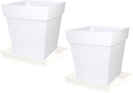 Eda Set van 2x stuks bloempotten Toscane vierkant kunststof wit 32 x 32 x 32 cm inclusief onderschalen