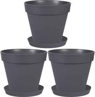 Eda Set van 3x stuks bloempotten Toscane kunststof antraciet D30 x H26 cm inclusief onderschalen D23 cm