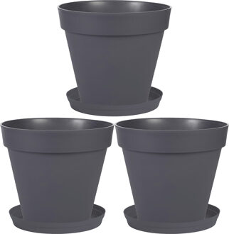 Eda Set van 3x stuks bloempotten Toscane kunststof antraciet grijs D20 x H17 cm inclusief onderschalen D