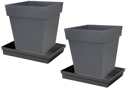 Eda Set van 3x stuks bloempotten Toscane vierkant kunststof antraciet 39 x 39 x 39 cm inclusief ondersch