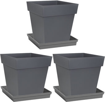 Eda Set van 3x stuks bloempotten Toscane vierkant kunststof antraciet grijs 32 x 32 x 32 cm inclusief on