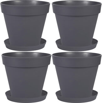 Eda Set van 4x stuks bloempotten Toscane kunststof antraciet D30 x H26 cm inclusief onderschalen D23 cm