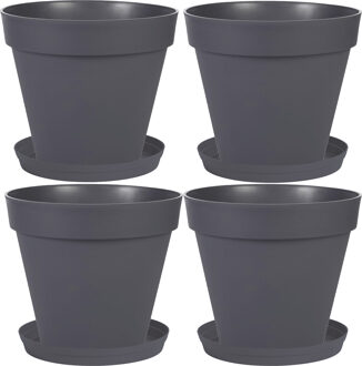 Eda Set van 4x stuks bloempotten Toscane kunststof antraciet grijs D20 x H17 cm inclusief onderschalen D