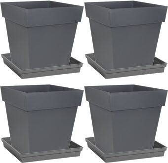 Eda Set van 4x stuks bloempotten Toscane vierkant kunststof antraciet grijs 32 x 32 x 32 cm inclusief on