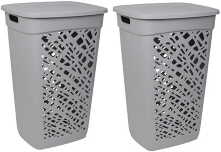 Eda Wasmand/wasbox met deksel - 2x stuks - grijs - 60 liter - kunststof - L43 x B36 x H63 cm