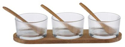 Edco Serveer/borrel plank set schaaltjes/kommetjes - 7 delig - glas/hout - met lepeltjes - borrelen