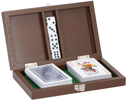 Eddy Toys Speelkaarten en dobbelstenen - in houten kistje - 18 x 11 cm Multi