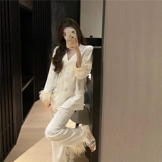 Edglulu Lichtblauw Turn-Down Kraag Lange Mouw + Veer Volledige Broek Pyjama Set Vrouwen Lente Herfst Pak zwart Wit 0303 wit / L