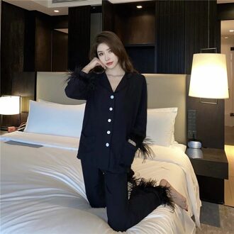 Edglulu Lichtblauw Turn-Down Kraag Lange Mouw + Veer Volledige Broek Pyjama Set Vrouwen Lente Herfst Pak zwart Wit 0303 zwart / M