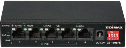 EDIMAX 5-poorts Gigabit PoE+ schakelaar met lange reikwijdte, 4 PoE+ poorten en DIP-schakelaar - GS-1105PE
