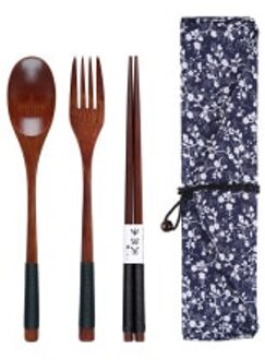 Een Set Houten Lepel + Vork + Eetstokjes + Doek Zak Bamboe Keuken Koken Gebruiksvoorwerp Tool Soep Theelepel Catering Oktober #2