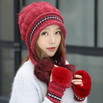Een Set Winter Thicken Warm Fleece Beanie Hoed Gehoorbescherming Caps + Pluche Bont Vingerloze Handschoenen Pompoms Ski Caps Handschoenen set Rood