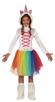 Eenhoorn dieren jurkje - wit - met regenboog kleuren - meisjes - Carnaval outfit - verkleedkleding