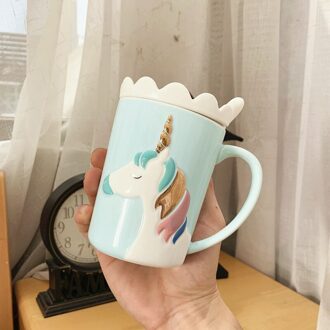 Eenhoorn Mok Met Deksel Lepel Mokken Koffie Kopjes Keramische Mok Voor Thee Grote 375Ml Melk Cup Christmas Voor meisje Kids Cartoon Kopjes blauw cup
